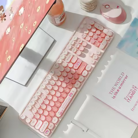 MOFII Pink Cute Wireless Keyboard and Mouse Combo, Round Keycaps Full Size 2.4G Wireless Keyboard Mo