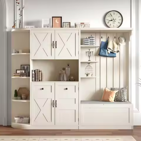 Hall Tree With Storage Cabinet, Hall Tree With 4 Hooks, Storage Cabinet For Living Room, Hallway, En
