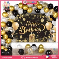 Birthday Backdrop Decoration Set 59pcs Black Gold Confetti Latex Balloons Birthday Banner Backdrop