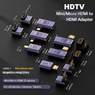 8K/60Hz Mini/Micro HDMI Male to HDMI Female Adapter Converter. HDMI2.1 UHD Extender Coupler, 90-Degr