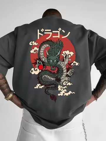 Vintage Japanese Dragon Print on 100% Cotton Men's T-shirt, Ideal for Summer Streetwear with Red Sun