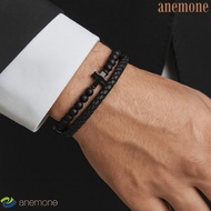 ANEMONE Lava Rock Bead Bracelet, Black Leather Double-Row Braided Bracelet, Charm Bible Verse Magnet