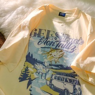 1097 People 100% Cotton Japanese Style Cream Yellow Cartoon Car Printed Short-Sleeved T-Shirt Men Wo