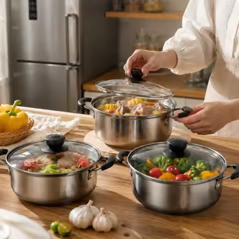 3pcs Set Stainless Steel Soup Pot Thick Base Induction Cookware Pasta Ramen Stew Hot Pot RV Camping 