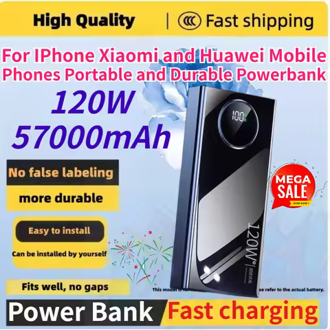 New 57000mAh 120W High-capacity Power Bank for IPhone Xiaomi and Huawei Mobile Phones Portable and D