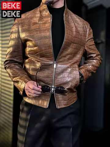 Italian Designer Mens Luxury Business Work Crocodile Pattern Cowhide Genuine Leather Jacket Zipper S