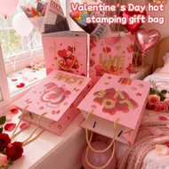 Valentine Gift Bag Loveheart Pink - Gold Foil Heart Design on White Cardstock, Handbag Style for Sma