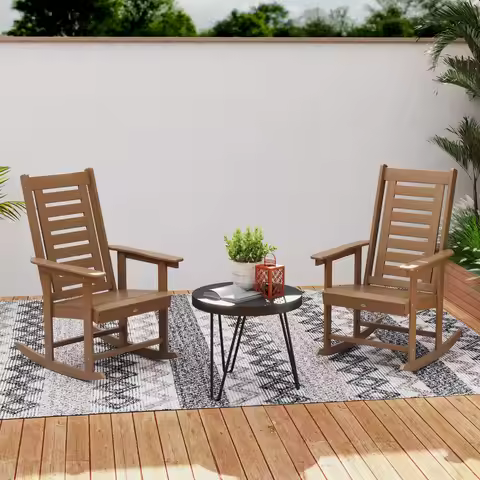 2 Outdoor Rocking Chairs, HDPE High Back Patio Rockers, Brown