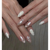 Pearl Milk Nude Nails with Exquisite Stones