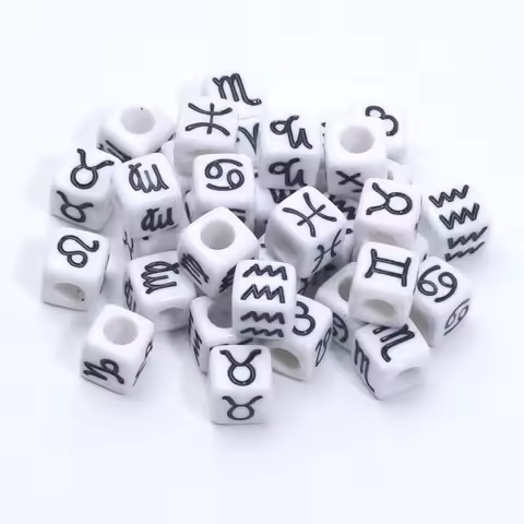 50pcs 7mm Black Signs Of The Zodiac Pattern White Square Spacer Acrylic Beads For Jewelry Making DIY