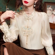 High-end lotus leaf collar Chinese style silk blouse ladies new Chinese style plate button top mulberry silk blouses