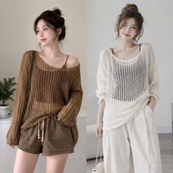 Women's Big Size Blouse Set, Long Sleeve Mesh T-shirt Mixed with Vintage Trendy Stretch T-shirt - (A