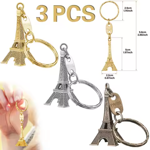 3Pcs Retro Eiffel Tower Keychain Cute Adornment Key Ring 3 Colors Bronze Silvery Golden