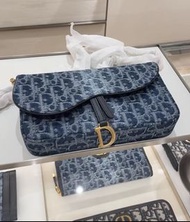 DIOR Saddle WOC Bag Pouch with Chain Blue Denim Dior Oblique Jacquard Monogram Wallet on Chain 單肩包 手