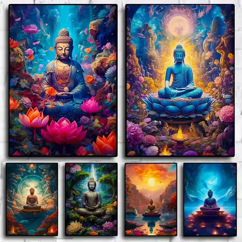 Stone Ancient Buddha Wall Art Poster Prints Ancient Buddha Meditation Landscape Canvas Painting Pict