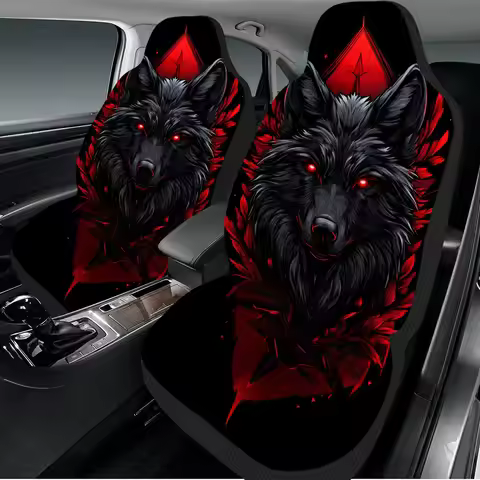 2pcs Horror Fantasy Black Wolf Print Car Seat Covers – Universal Fit For Cars, Trucks, Vans, SUVs | 