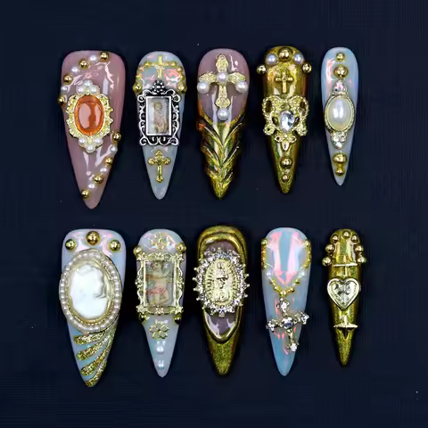 10Pcs Y2K 3D Custom Design Luxury Long Stiletto Press On Nails,Luxury Regal Beautiful Flowers Custom