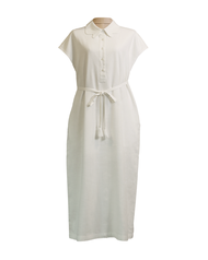 Elegant Linen Midi Dress with Peter Pan Collar and Sleeveless Design in White/Green