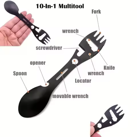 Multifunctional Outdoor Spoon Fork Tool 10 in 1 Survival Kit with Wrench Saw Edge Practical Fork Kni