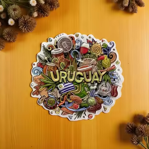 Uruguay, South America Circular Fridge Magnet with National Flag, Drum, Mate & More - Cute Home Deco