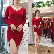 AF447N Bodycon dress with turtleneck, long sleeves, short thigh slit