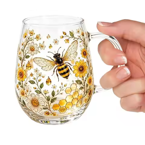 1PC Glass Cup 15.2oz Bee Bird Themed Clear Embossed Glassware Garden Inspired Tumbler Floral Coffee 