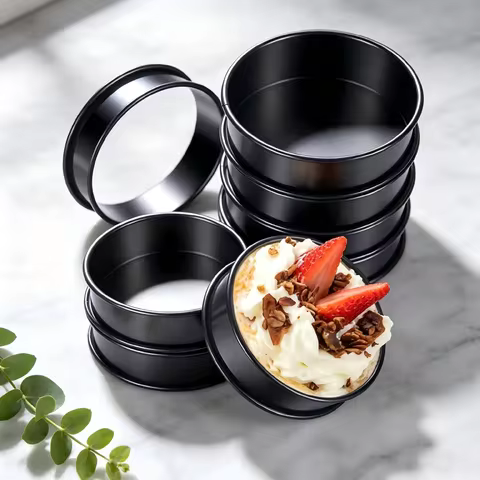 6Pcs Round Tart Ring Set, Food Grade Stainless Steel, Black Non-Stick with Smooth Cutting Edge, Roun