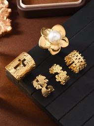 5pcs Vintage Electroplated Elegant Stainless Steel Ring Set For Women Includes Floral, Cross, Geomet