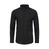 Men Spring Fall Dress Shirt Turn-down Collar Slim Fit Stretchy Single-breasted Long Sleeves Pure Col