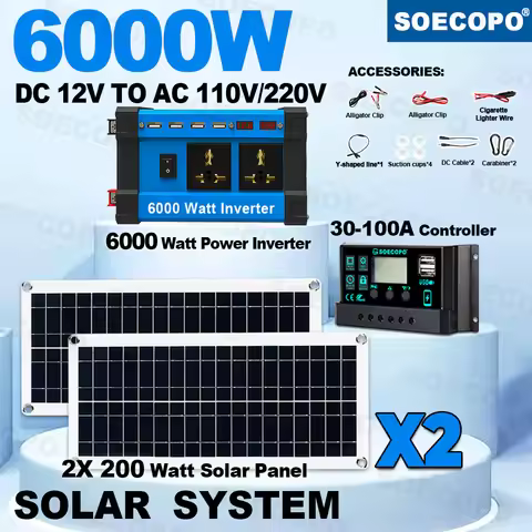 SOECOPO 6000W Solar Panel Kit 2x200W 12V to 110V 220V Inverter Dual Socket 4 USB and 100A Controller