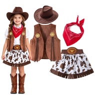 Kids Girls Western Cowgirl Inspired Costume Set Fringe Details Cow Print Skirt For Carnival Party Dr