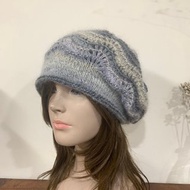 鳳尾花毛線帽。。米金/灰藍段染毛線帽。優質日本線。