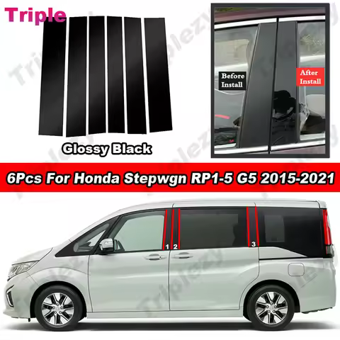 6Pcs Glossy Piano Black Door Side Window BC Pillar Post Cover Trim Carbon Fiber Sticker For Honda St