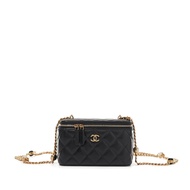 Chanel Black Quilted Lambskin, Gemstone and Imitation Pearl Heart Chain Vanity Case Gold Hardware, 2022