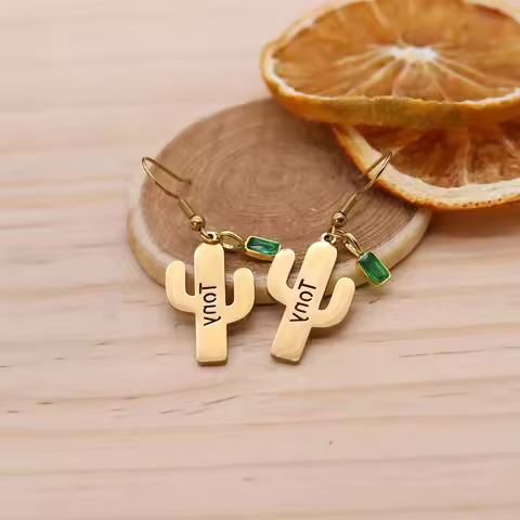 Chandler Vintage Cactus Earrings, Custom Name Desert Amulet, Ideal Gift for Boho Lovers & Plant Fans