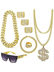 8pcs 80s 90s Accessories Outfit For Men Hip Hop Costume Kit Old School Rapper Sunglasses Faux Gold R