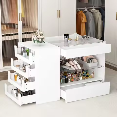 %a Wardrobe Armoire Bedroom Island with Glass Top, Glass Display Shelf & 6 Drawers, Wooden Closet St