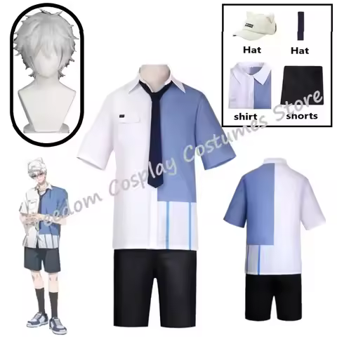♥ New 2026 Anime Link Click Lucas Cosplay Costume White Short Wig Lu Guang Blue Shirt Pant Hat Full 