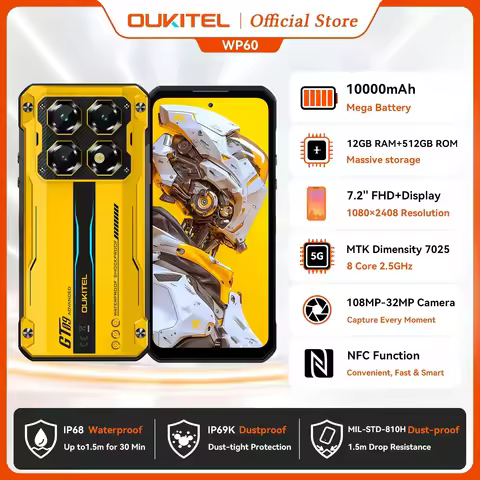 OUKITEL WP60 5G Rugged Smartphone 10000mAh 36GB(12+24) +512GB, 7.2” HD+ Android 15 NFC Cell Phone, 1
