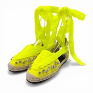 全新未使用 ▲ LOEWE Paula S Ibiza 帆布水晶RIBON草編涼鞋，黃色，37碼，附鞋盒和防塵袋，西班牙製造，女款