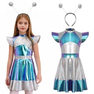 Ocealan Kids Girls Halloween Alien Cosplay Costume Outer Space Cutie Costume Dress with Funny Alien 
