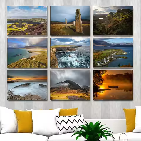 Scotland Travel Poster Neist Point Lighthouse Kilchurn Castle St Clement's Church Canvas Painting Wa