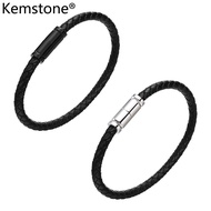 Kemstone Stainless Steel Men's Genuine Leather Bangle Black Bracelet Silver Plated Jewelry