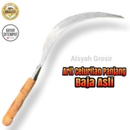 Arit Sabit Celuritan Panjang Baja Asli Super Tajam - Arit Potong Rumput Padi Model Madura Finsihng Halus - Arit Peralatan Sawah Gagang Kayu Anti Copot