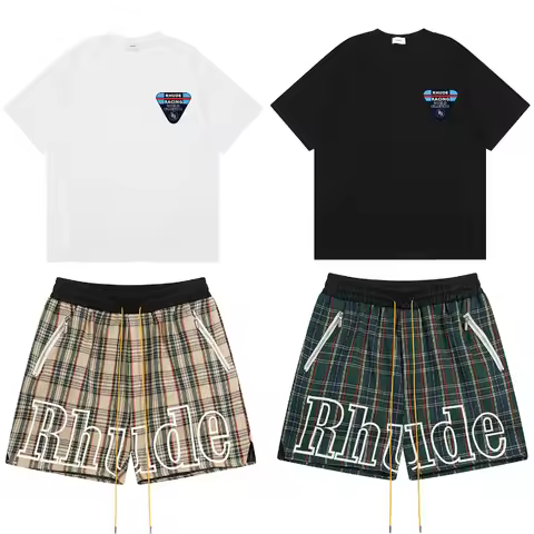 2026 Hot New Rhude Red Plaid Shorts Men Streetwear Drawstring Elastic Waist Zip Pockets Casual Summe