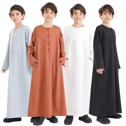 Arab Boys Long Robe with Side Pockets Front Buttons Teenagers Kids Jubba Thobe Hui Ethnic Dubai Qata