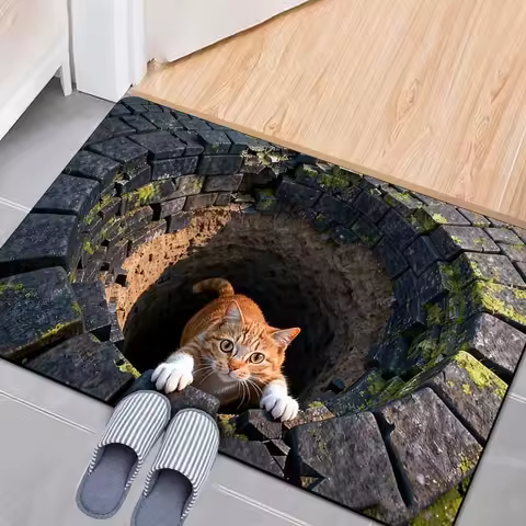 3D Cat Hole Illusion Doormat - Funny Trapped Cat Floor Mat, Optical Illusion Entry Rug, Non-Slip, Mu