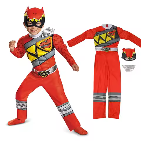 Dinosaur Team Red Power Dino Charge Ranger Superhero Muscle Jumpsuits Suits Cosplay Halloween Costum