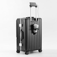 （黑色）PC行李箱 20吋 多功能 旅行箱 USB杯架 手提箱 前口袋蓋 拉桿箱 喼 行旅箱