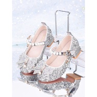 高跟鞋 kasut perempuan heels Leather Cinderella Princess Shoes - Silver High Heels for Girls